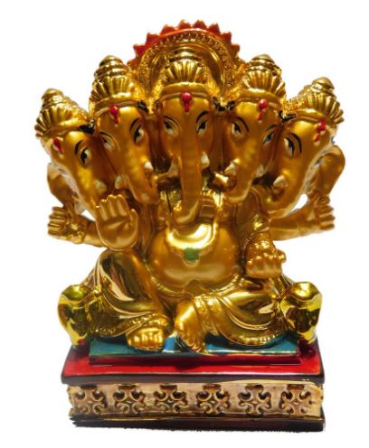 Lord Ganesh Panchmukhi Ganesh Idol Showpiece Polyresin Golden Colour Metal Finish